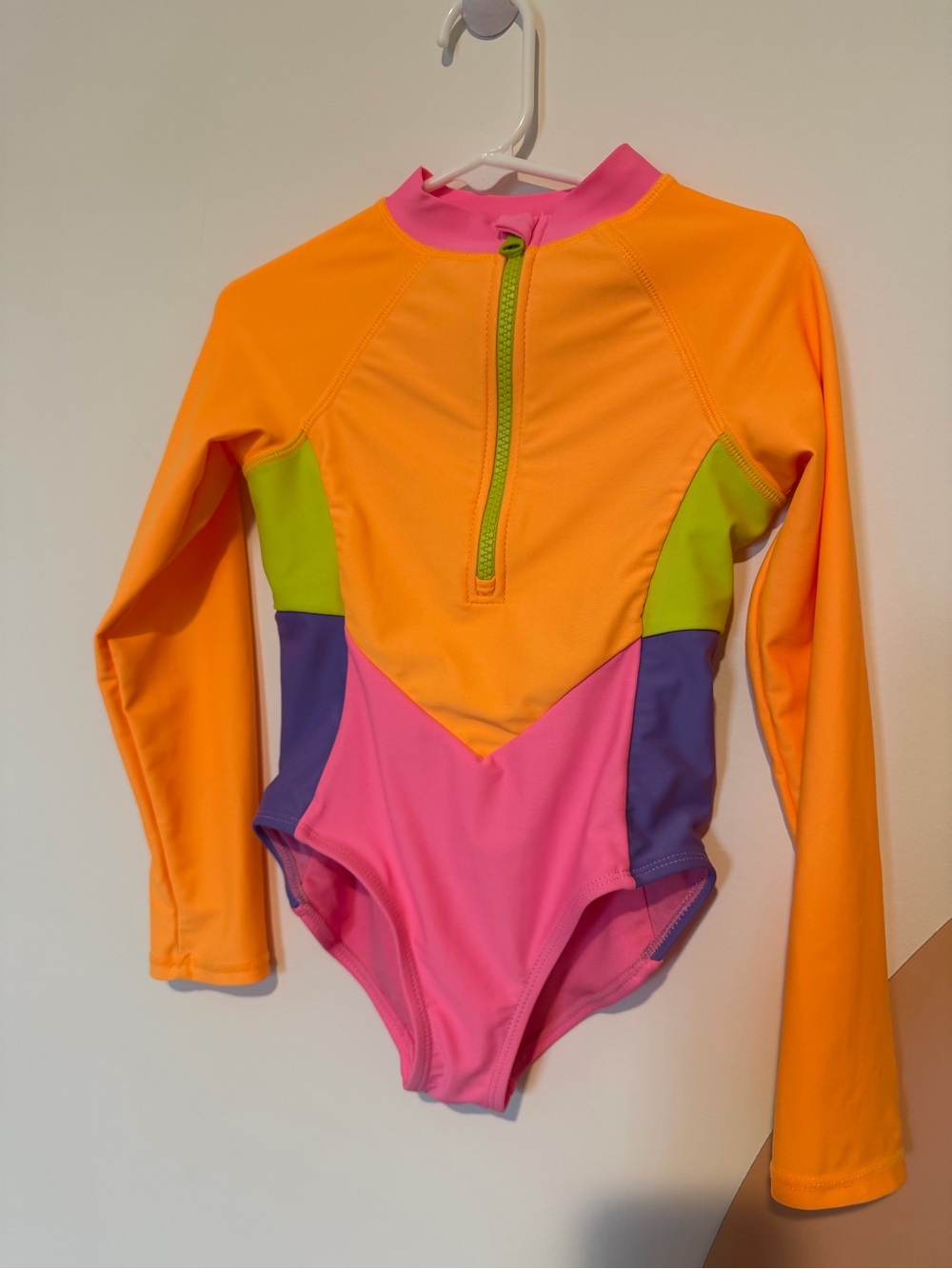 Kids Long-Sleeve Colorblock Rash Guard One-Piece Swimsuit - Orange/Pink